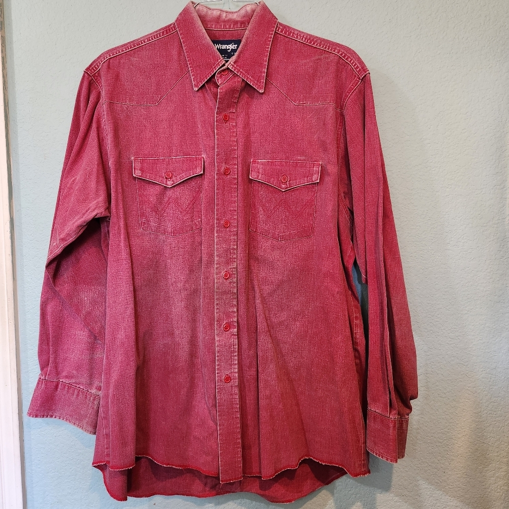 Vintage Wrangler Shirt XL Red Faded Brushpopper Button USA Western Cowboy 17 35